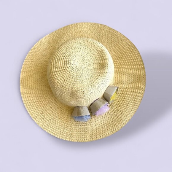 💛Janie and Jack💛 Girls Natural Straw Sun Hat Tule Floral Accents Age 4-5 Years - Picture 1 of 4